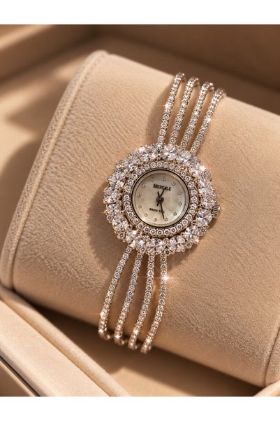 rive.jewelry Luxury Işıltı Zirkon Taşlı Bileklik Saat- rodyum kaplama