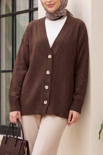 Modamorfo Front Buttoned V-Neck Casual Knitwear Cardigan -Brown