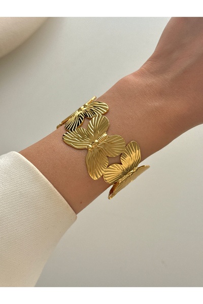 YOUES JEWELRY Çelik Kalın Kelepçe Gold Kelebek Bilezik Ayarlanabilir Kadın Er...
