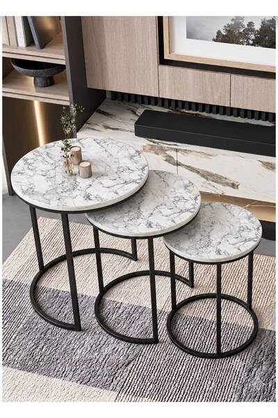 Nokta Sehpa Home Sehba 3lü Siyah Metal beyaz mermer desen Zigon C Sehpa