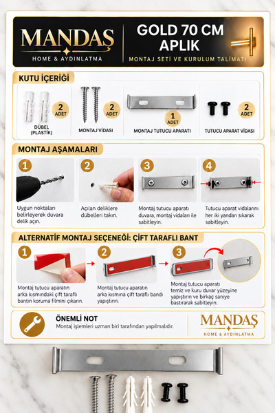 Mandaş Eskitme Gold Gün Işığı 70 cm Led Duvar Aplik 2 Adet Tekli | Pilli Kablosuz Kullanım Tak-Çalıştır