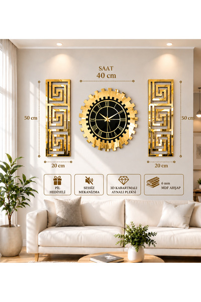 EYKA STORE Dekoratif 3 Lü Set Pleksi Gold Aynalı 3d Kabartmalı Duvar Saati Ve...