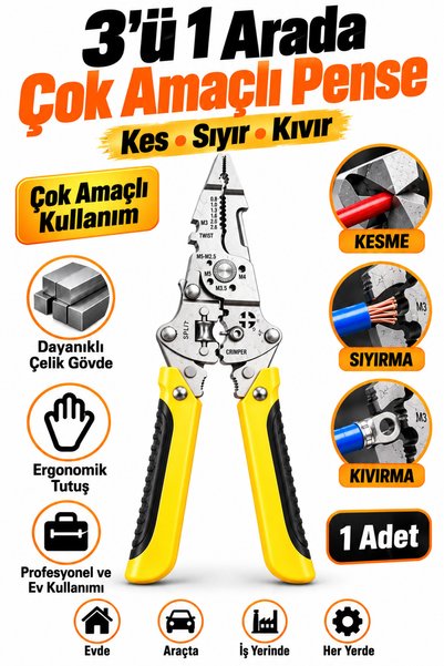 Trendhane 3’ü 1 Arada Çok Amaçlı Elektrikçi Pensesi Kablo Kesme Sıyırma ve Kı...