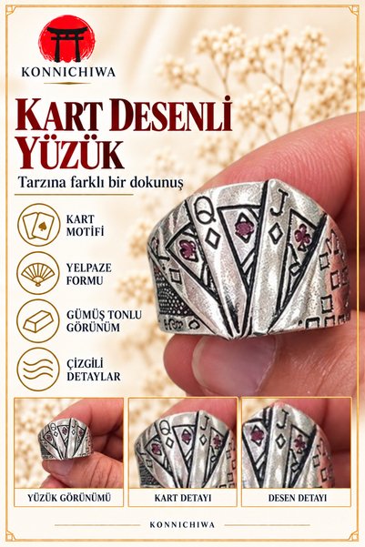 FG KONNİCHİWA İskambil Kart Desenli UNISEX Yüzük – Kırmızı Taş Detaylı