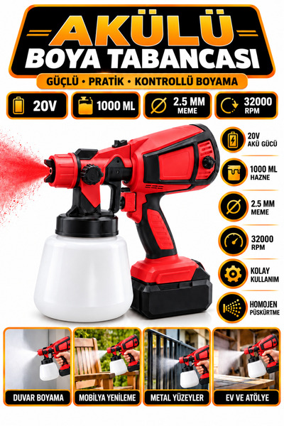 Trendhane 20V Akülü Boya Tabancası 1000 ml Hazneli 2,5 mm Nozullu Şarjlı Ahşa...