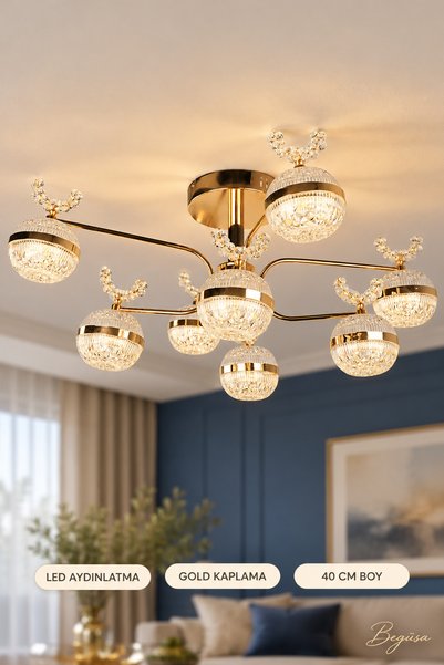 Begüsa Lord Ledli 8.Li Avize Gold Kaplama, Modern LED Aydınlatma, Şık Tavan T...