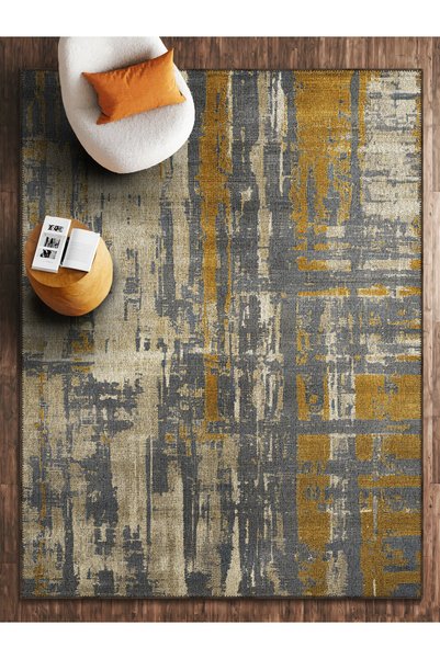 HALIZZON Minimalist Salon Halısı Sarı Gri Modern Abstract Desenli Dijital Bas...