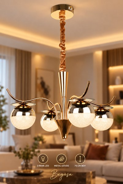 Begüsa Sürel Ledli 4.Lü Avize Gold Kaplama, Modern LED Avize, Gold Detaylı Ta...