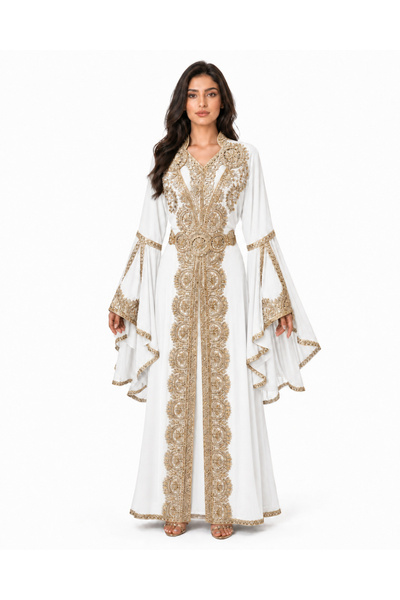 MOHAMED ZAHABI Ladies Long Caftan with Hand Work Stone and Beads Work Kaftan ...