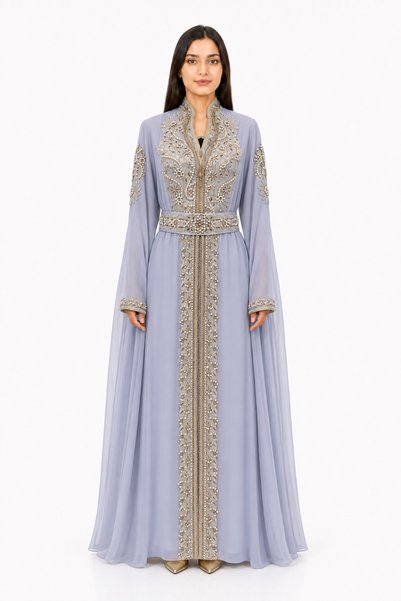 MOHAMED ZAHABI Women's Long Caftan with Shiny Stones and Pearl Work