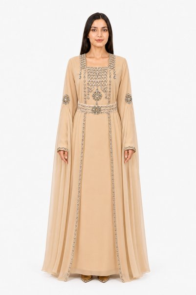 MOHAMED ZAHABI Women's Long Caftan with Shiny Stones and Extended Sleeves Abo...