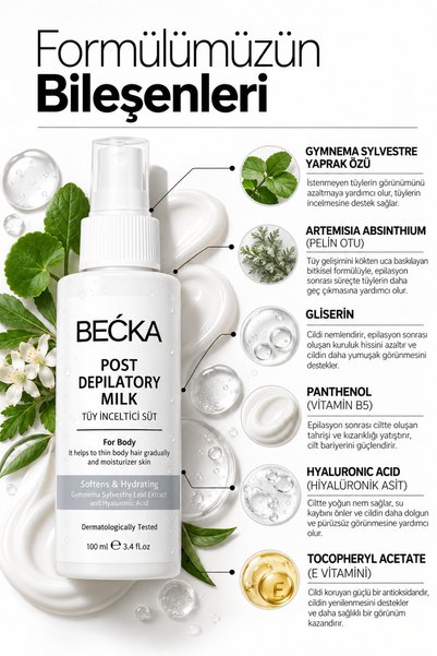 BECKA Tüy Azaltıcı Ve lnceltici Nemlendirici Süt Gymnema Sylvestre & Hyaluronik Asit Özlü 100 ml