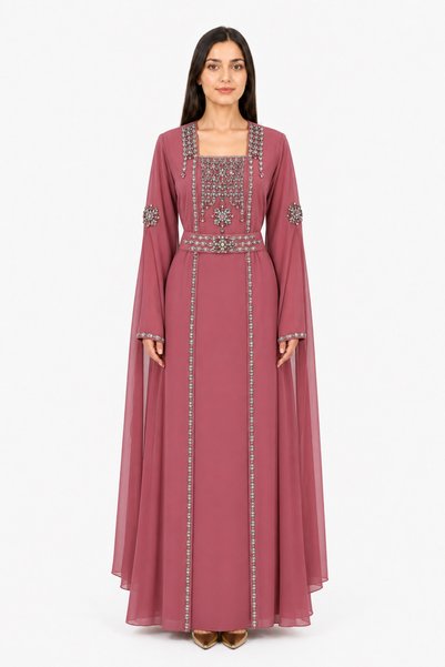 MOHAMED ZAHABI Women's Long Caftan with Shiny Stones and Extended Sleeves Abo...