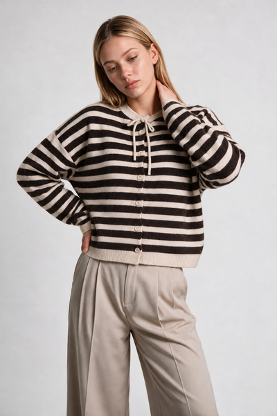 Lovelyİstanbul Wool Blend Striped Knitwear Cardigan Lyy0151 Brown Beige