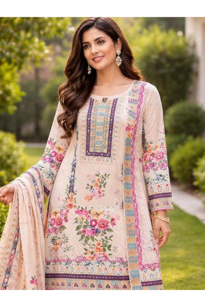 MYSMAR White Floral Printed Muslin Suit Set with Mirror Work - FFT101024 | Wh...