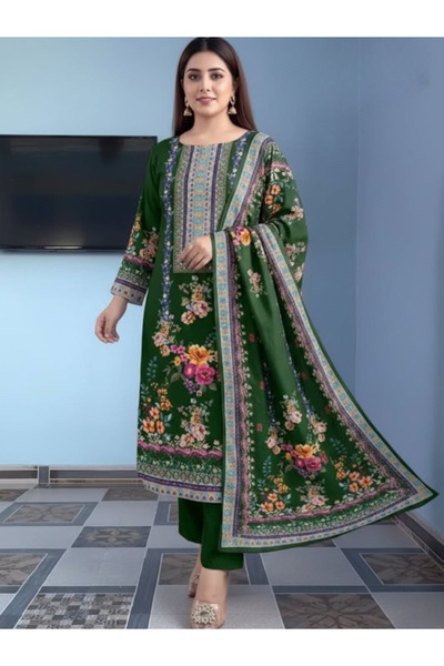 MYSMAR Deep Green Floral Printed Muslin Suit Set with Mirror Work - FFT101024...