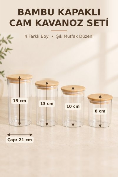 GÖZDE Harmony Bambu Kapaklı 4 Boy Cam Kavanoz Seti - & Baharat Saklama Kabı