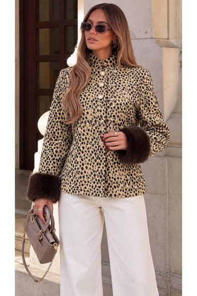 Genel Markalar Kolu Kürklü Animal Print Desen Dokuma Ceket Dik Yaka Düğmeli K...
