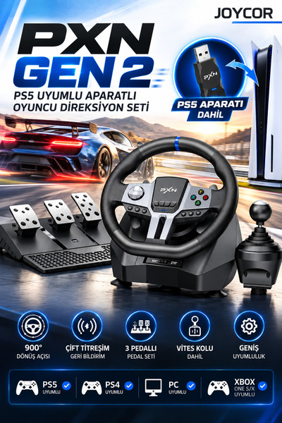 JOYCOR PXN GEN 2 PS5 Uyumlu Aparatlı Oyuncu Direksiyon Seti 3 Pedallı Vites K...