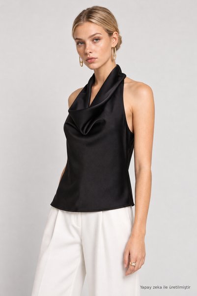 Lovelyİstanbul Degaje Collar Satin Surface Blouse Lgk0012 Black