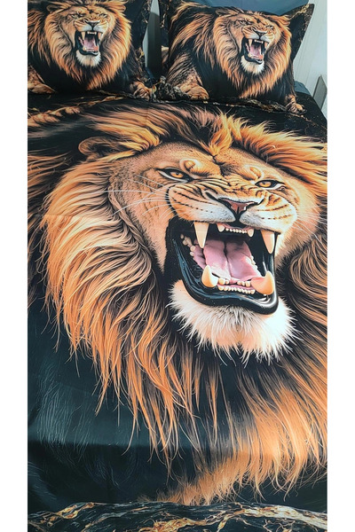 AYBERK HOME TEXTİLE Aslan 5D Printed Cotton Double Duvet Cover Set with 6 Pieces of Fitted Sheets