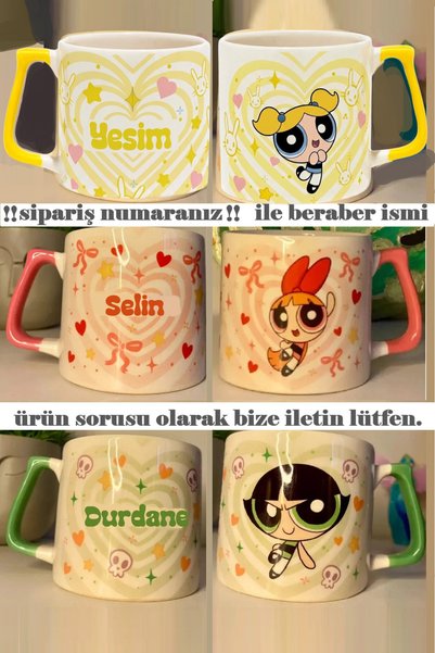 Öz Kupa Kişiye Özel Powerpuff Girls 3'lü Lüks Kupa Seti