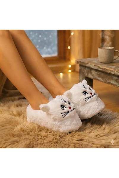 Pufella Beyaz Kedi Figürlü Kaymaz Tabanlı Panduf