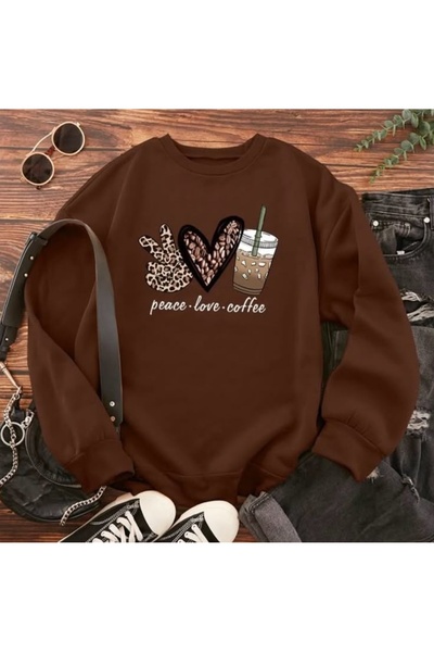 Vordevia Coffee Peace Love Printed Cotton 3 Thread Threaded Crew Neck Oversiz...