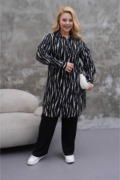 Polologin Butik • Μαύρο και άσπρο ριγέ/πουά πουκάμισο με γιακά και μακρύ τουνίκ