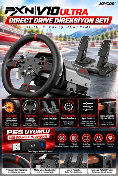 JOYCOR PXN V10 Ultra Direct Drive 3.2 Nm Force Feedback Direksiyon Seti Hall ...