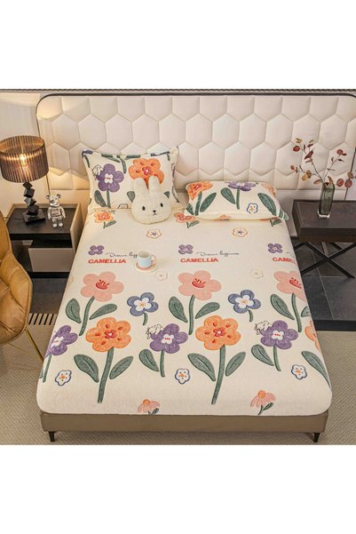 OEM Κάλυμμα κρεβατιού ελαστικό, κοκολίνο, 230x250 εκ., 2 μαξιλάρια, φλοράλ
