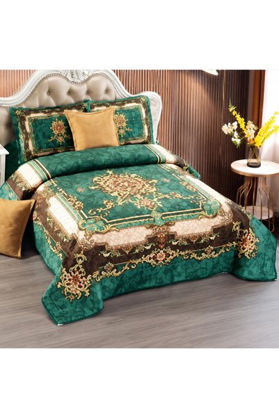 OEM Cuvertură catifea matlasată, model ornamental verde, 5 piese, 230x250 cm