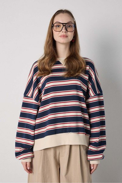 mina aise Marineblau gestreiftes Oversize-Sweatshirt mit Rundhalsausschnitt f...