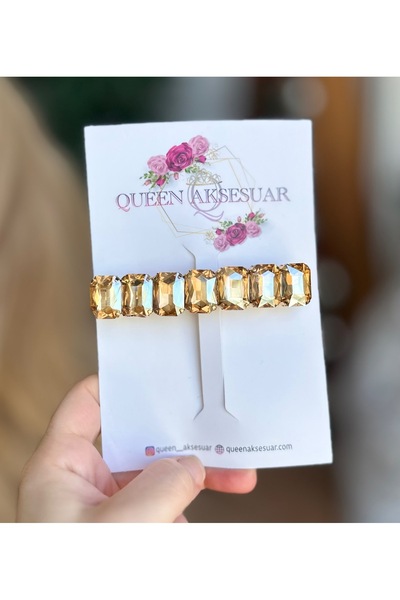 QUEEN AKSESUAR Luxurious Shiny Crystal Stone Gold Metal Automatic Clip Hairpin Rectangular Cut Shiny Golden Yellow Hairpin