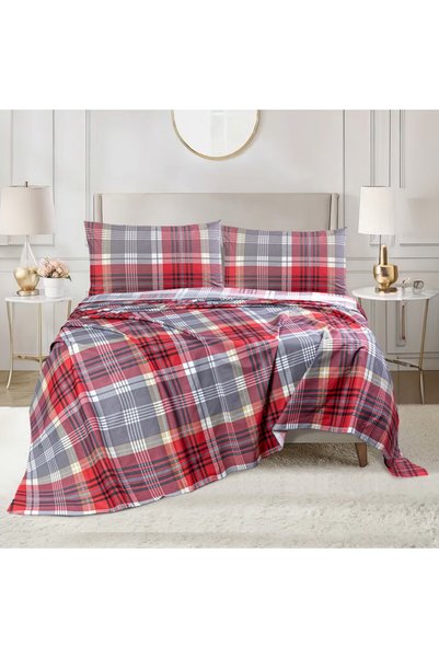 Sandy Premium Quality Flat Sheet and Pillowcases, Bed Sheet 3 Pieces Set (King 250 x 260 cm), Soft & Breathable and Cooling, Grey Red 960