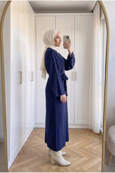 Kirazca Butik Women's Pearl Detailed Corded Knitwear Dress Belted Spanish Sleeve Hijab Dress