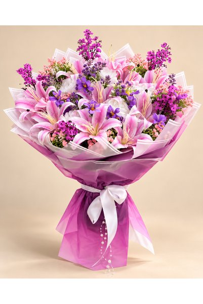ERHAN FLOWERS Yapay Pembe Lilium VE Mor Çiçekli Incili Aranjman Demeti - Hedi...