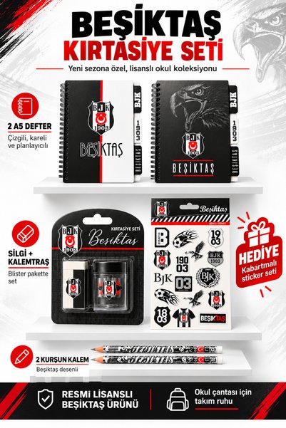 Beşiktaş Lisanslı 2'li Kurşun Kalem Seti Hazneli Kalemtıraş ve Silgi Sticker ...