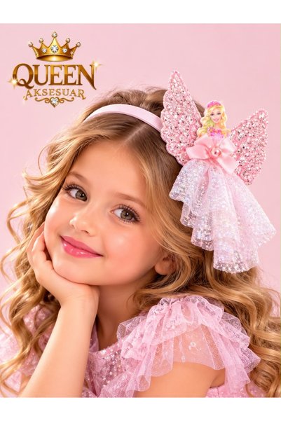 QUEEN AKSESUAR Light Pink Crown with Glittering Butterfly Wings and Stone Det...