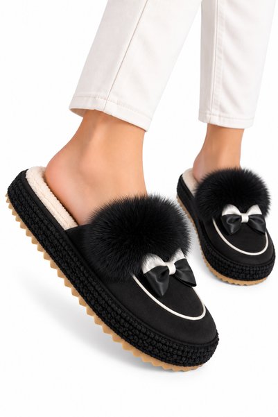 Jagulep Women's Warm Ribbon Detailed Plush House Slippers Black
