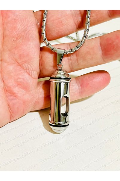 Açıkmeşe Ev Yaşam Ürünleri Çelik Camlı Silindir Parfüm Kül Dua Koku İlaç Kapsülü Kolye Ucu - Paslanmaz Parlak Gümüş Renk Açılabilir Muska Kapsül Kolye