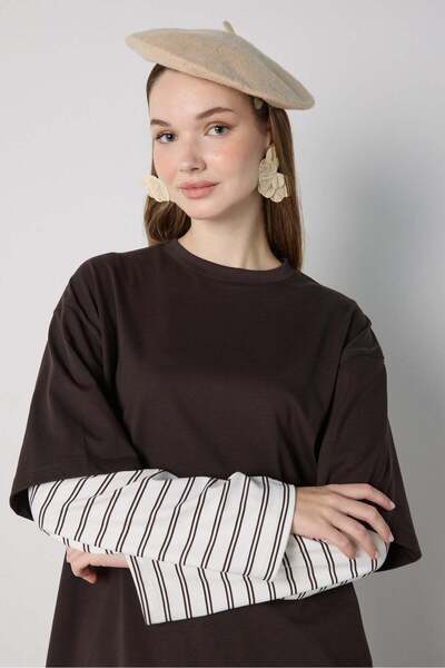 mina aise Women's Brown Crew Neck Double Layer Sleeves Striped Oversize T-Shi...