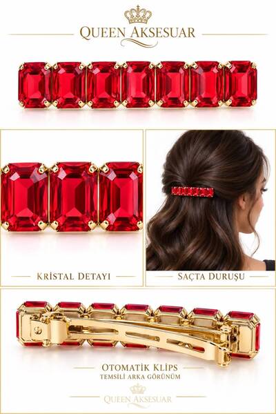 QUEEN AKSESUAR Luxurious Shiny Crystal Stone Gold Gold Metal Automatic Clip Hairpin Rectangular Cut Shiny Ruby Red Hairpin