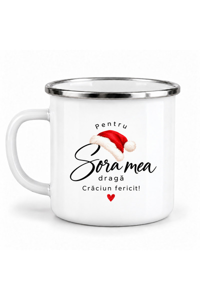 OEM Cană emailată, Pentru sora mea dragă - Căciulă de Moș Crăciun, metal emai...