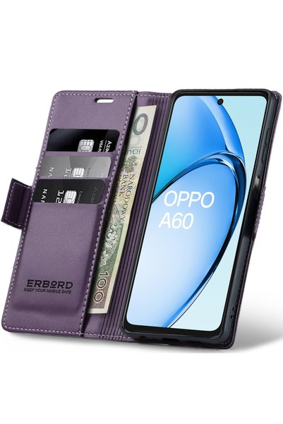 ERBORD Husă Oppo A60, Litchi lucios, Portofel cu clapetă, Mov