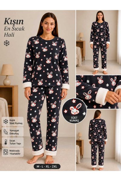 MiŞa adella Kadın Peluş Detaylı Süet Pijama Takımı Yumuşak Dokulu Kışlık Pija...