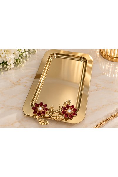 SUNVERA ÇELİK 1 Adet Gold Baton Sunum Tepsisi Kırmızı Çiçek ve İnci Detaylı D...