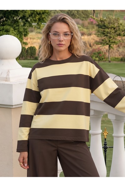 Kadın Bej Kahverengi Kalın Çizgili Bisiklet Yaka İki İplik Uzun Kol Sweatshirt