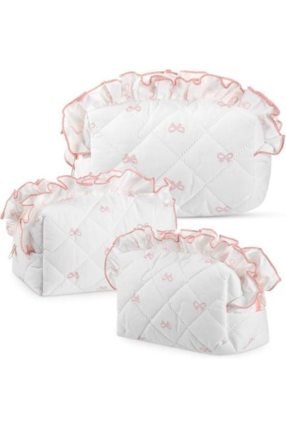 ALMEKAQUZ 3 PCS Makeup Bag Set, Pink Cosmetic Pouch with Bows, Travel Toiletr...