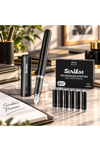 Art & Art Scrikss Primeo Dolma Kalem Siyah + 6 Adet SİYAH Dolma Kalem Kartuşu